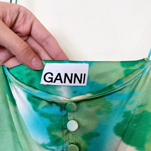 Ganni Silk Blend Green Watercolor Colorful Formal Satin Stretch Mini Dress 34/XS - Picture 5 of 11